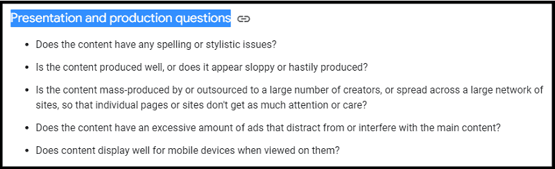 Presentation and production questions to help site owners create helpful content (according to Google Search Central)