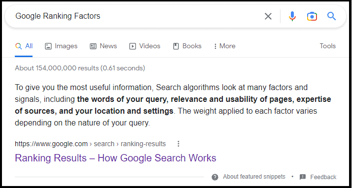 Search result for the query "Google Ranking Factors"