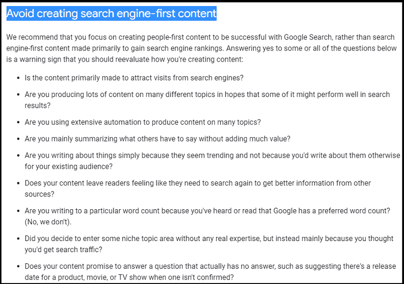Suggestions listed in Google Search Central to avoid creating search engine-first content