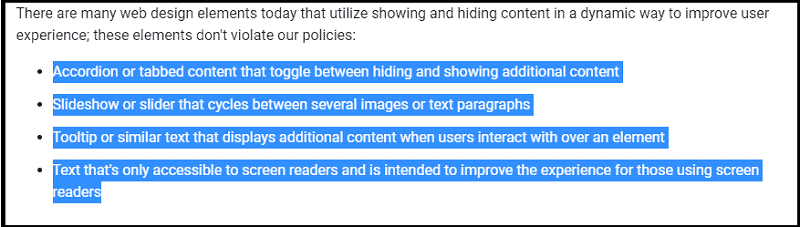 Web design elements that show or hide content and do not violate Google Search Essentials policy (taken from Google Search Central)
