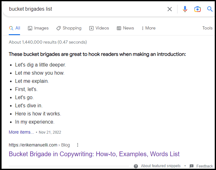 Featured snippet for the query "bucket brigades list"