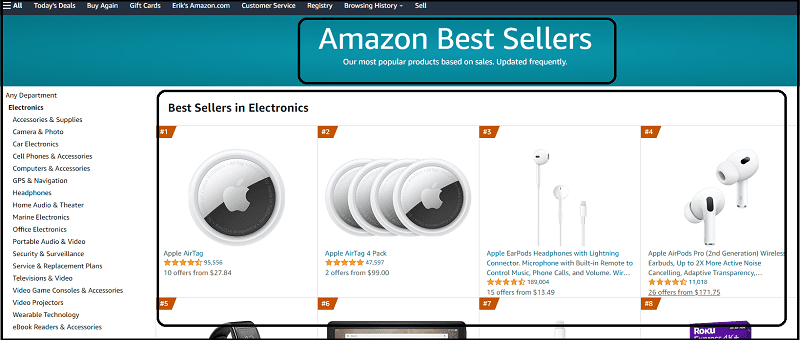 Amazon Best Sellers page on electronics (screenshot taken on January 2023)