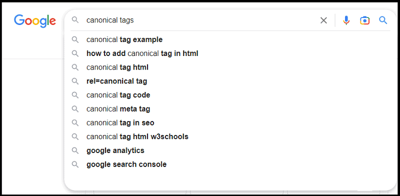 Google autocomplete suggestions in Search for the query "canonical tags"