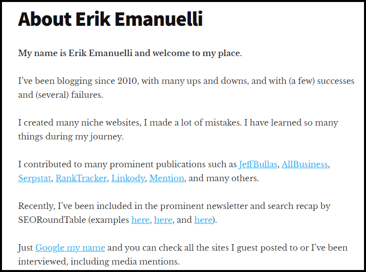 Screenshot of the About page of ErikEmanuelli.com