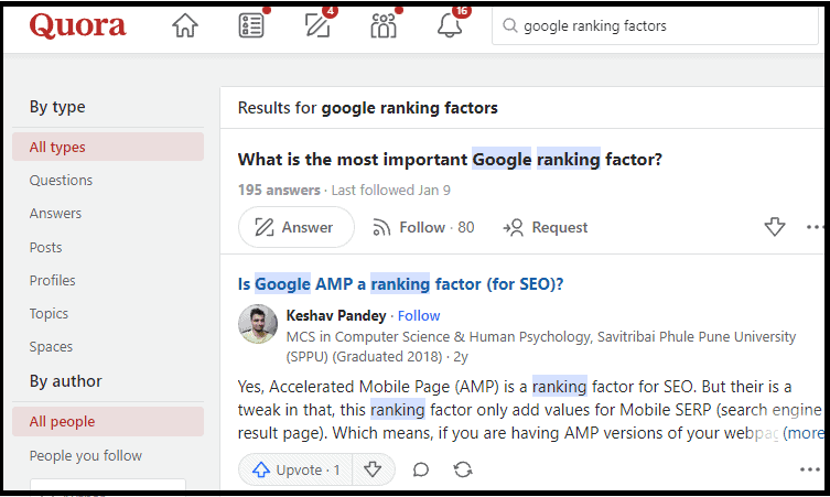 Searching for "Google ranking factors" on Quora