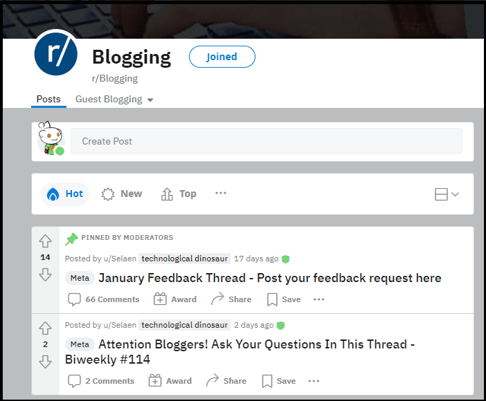 r/blogging subreddit (screenshot of January 2023)