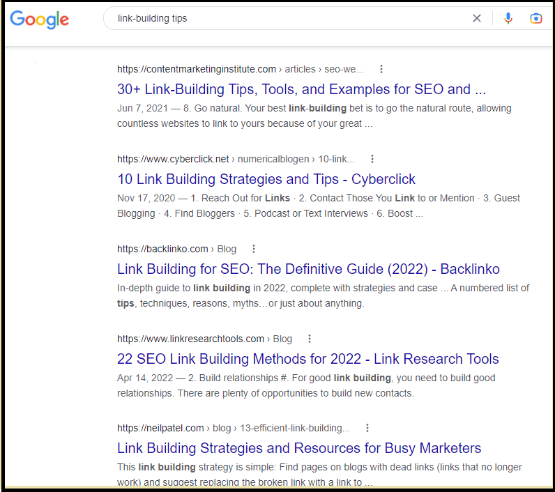 Google SERP for the query "link_building tips"
