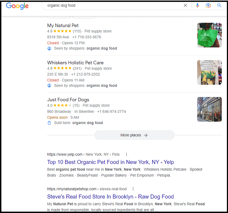 Search results for the query "organic dog food" in NY area