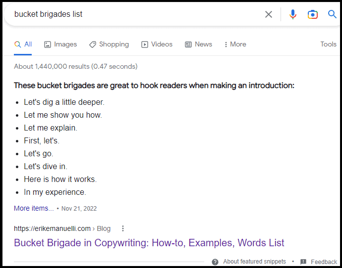 Featured snippet in Google for the query "bucket brigades list" 