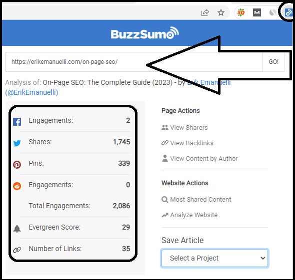Example of how BuzzSumo Chrome extension works