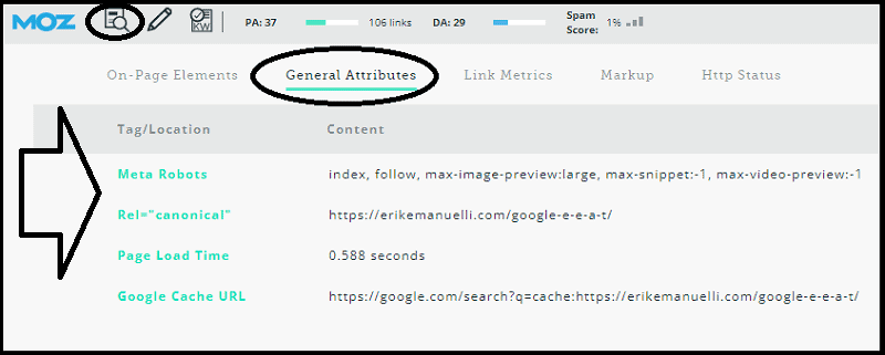 General attributes tab feature in the MozBar Chrome extension