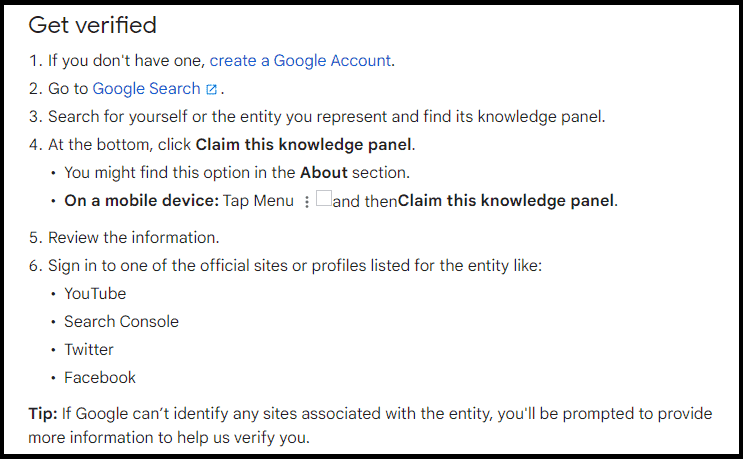 How to get verified to claim a knowledge panel according to official Google documentation