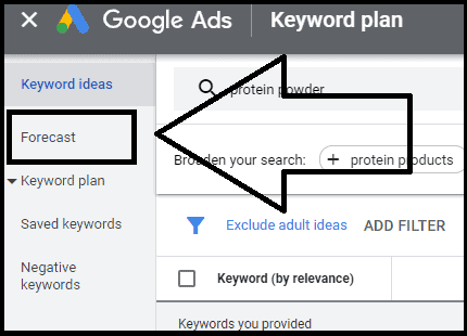 Google Keyword Planner forecast tab in keyword ideas
