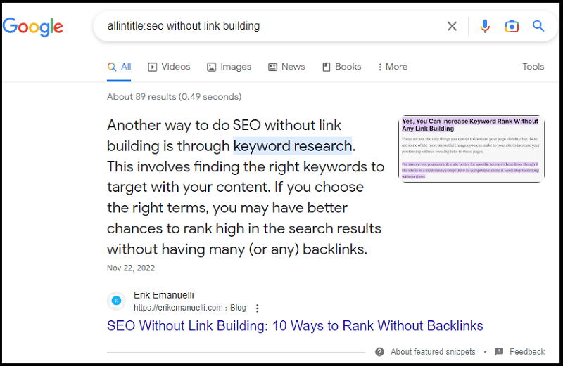 Google search results for the query allintitle:seo without link building