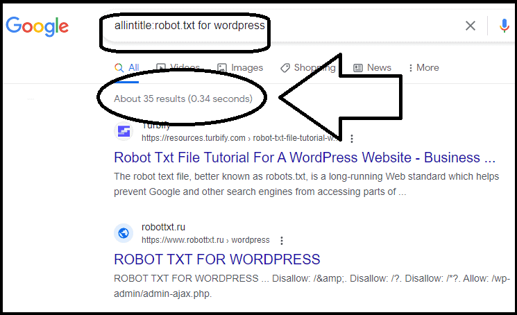 Google search results for the query allintitle:robot.txt for wordpress