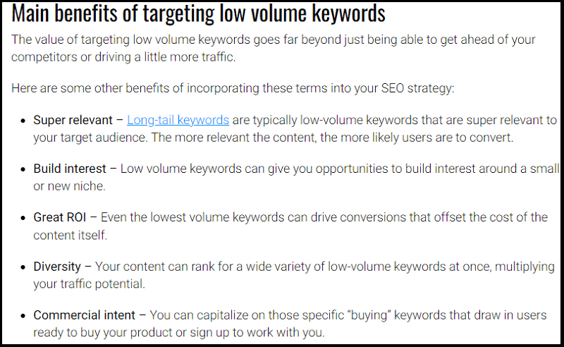 Main benefits of targeting low volume keywords accoding to SEJ