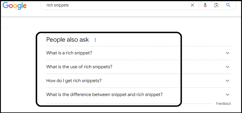 People Also Ask section for the query "rich snippets"