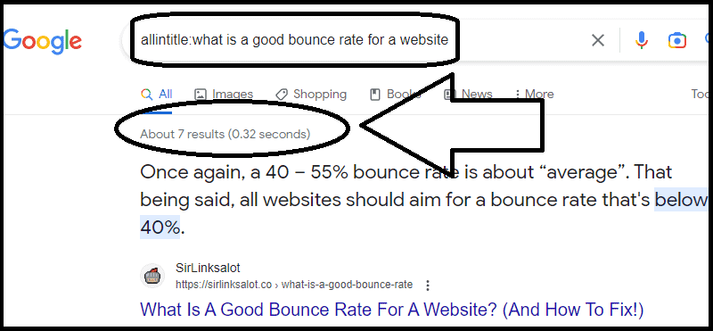Search results for the Google operator allintitle:what is a good bounce rate for a website