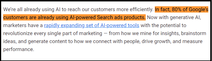 80% of Google’s customers are using AI-powered Search ads products (Google)