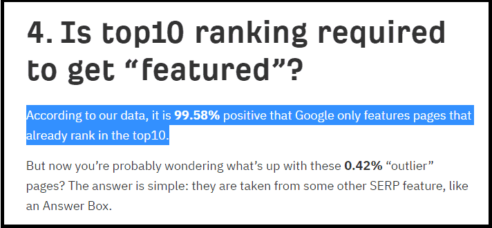 99.58% of featured snippets already rank in positions 1 through 10 on Google (Ahrefs)