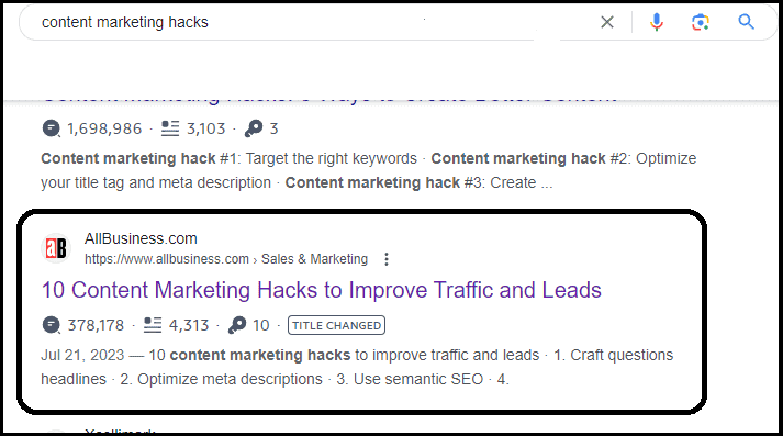 Google SERP for the query "content marketing hacks"