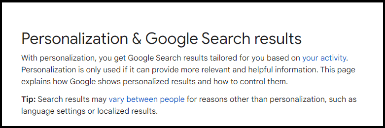 Personalization and Search results according to Google