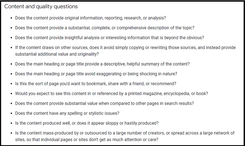 Questions provided by Google to self-access content quality