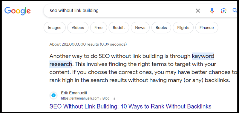 Search results for the query "seo without link building" on Google incognito mode