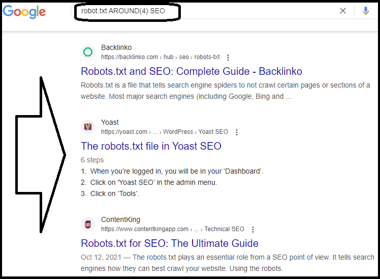 Example of SERP for the Google search operator AROUND