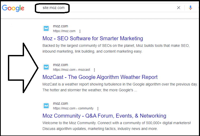 Google results for the search operator "site:moz.com"