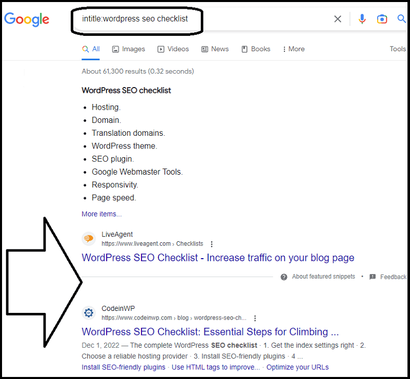 Google search results for the operator "intitle:wordpress seo checklist"