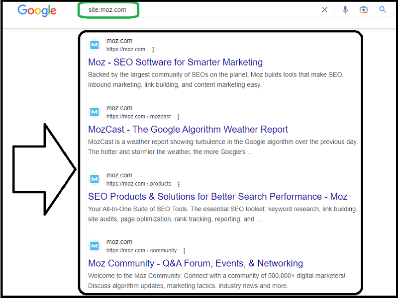 Google search results for the search command site: moz.com