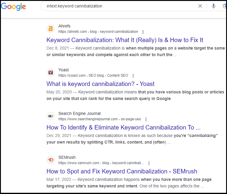 Results for the Google search operator "intext:keyword cannibalization"