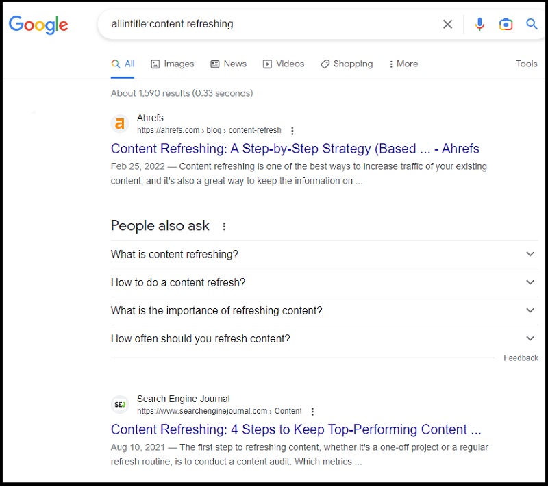 Search results for the Google command "allintitle:content refreshing"
