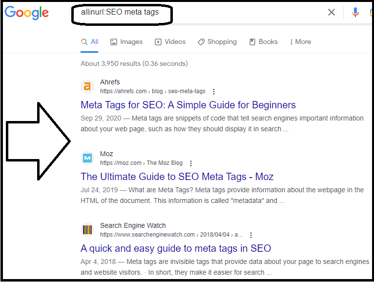 Search results for the Google operator "allinurl:seo meta tags"