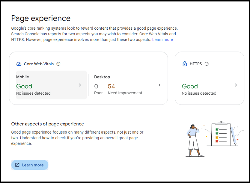 Example of page experience report in Google Search Console
