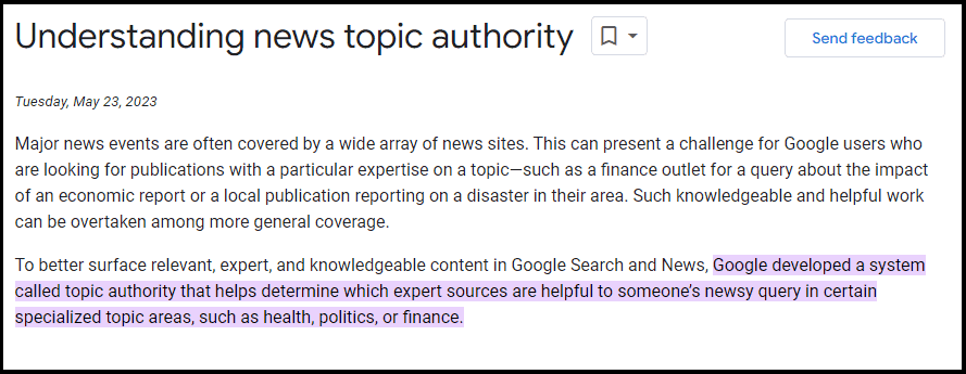 Aas of May 2023, it is confirmed that Google has been using topical authority to identify which experts are providing the most helpful information for a searcher's news query